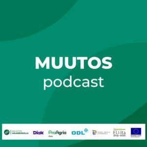 Muutos-podcastin kansikuva, vihreä ja hankkeen logot alareunassa.